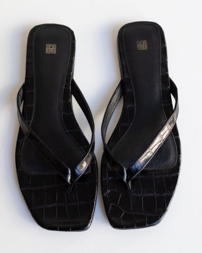 Toteme Croco-Embossed Leather Flip Flops Black